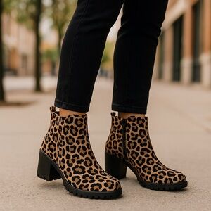 Qupid Leopard Print Ankle Boots • Size 6 • chunky Block Lug Heel • EUC